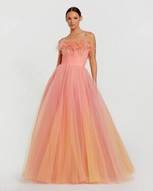 MAC DUGGAL 20557 Ombre Strapless Tulle Gown Size 12 Feather Orange Pink NWT $698